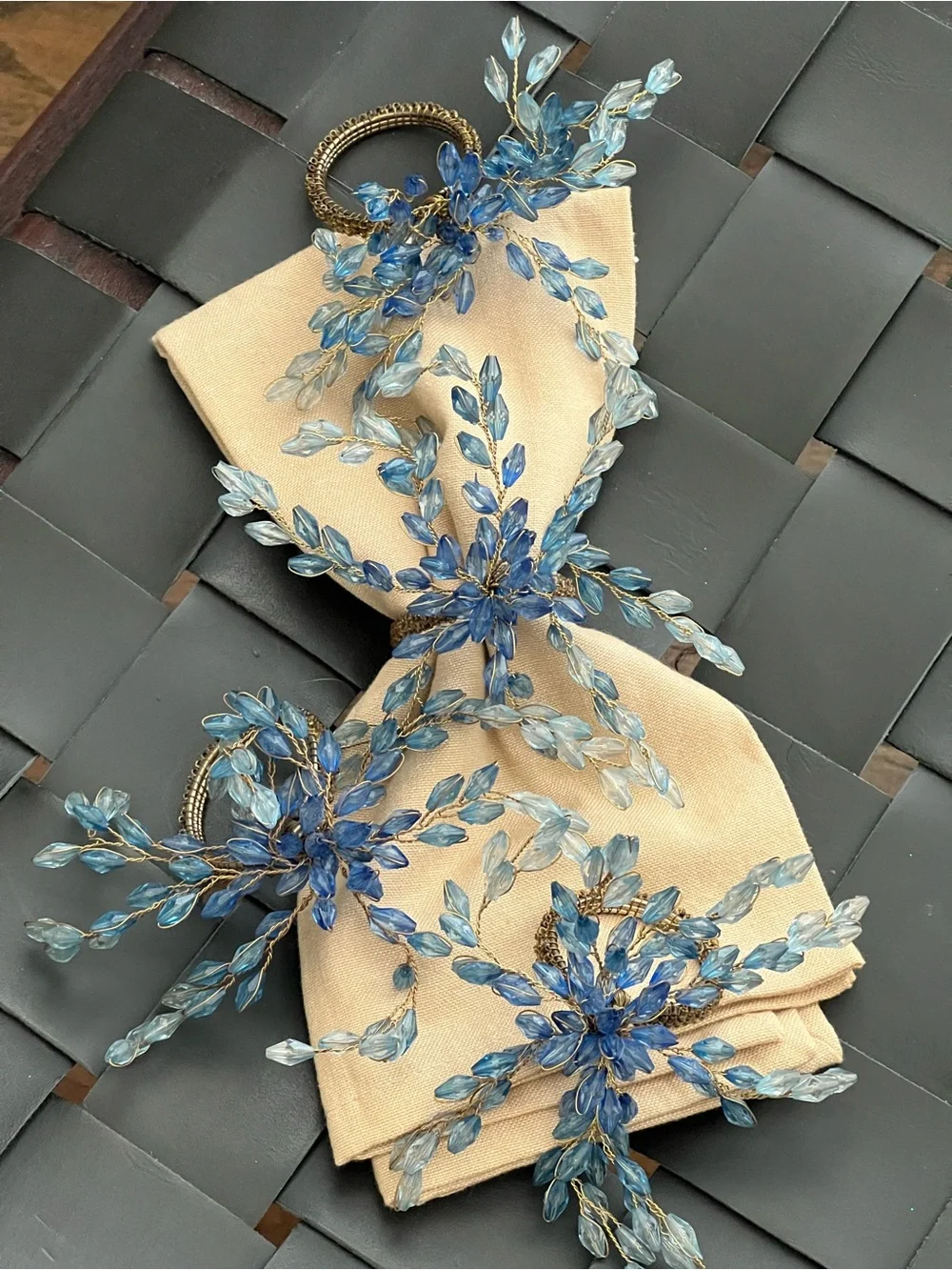 Pier 1 Imports Blue Beaded Floral Napkin Rings Set of 4 New